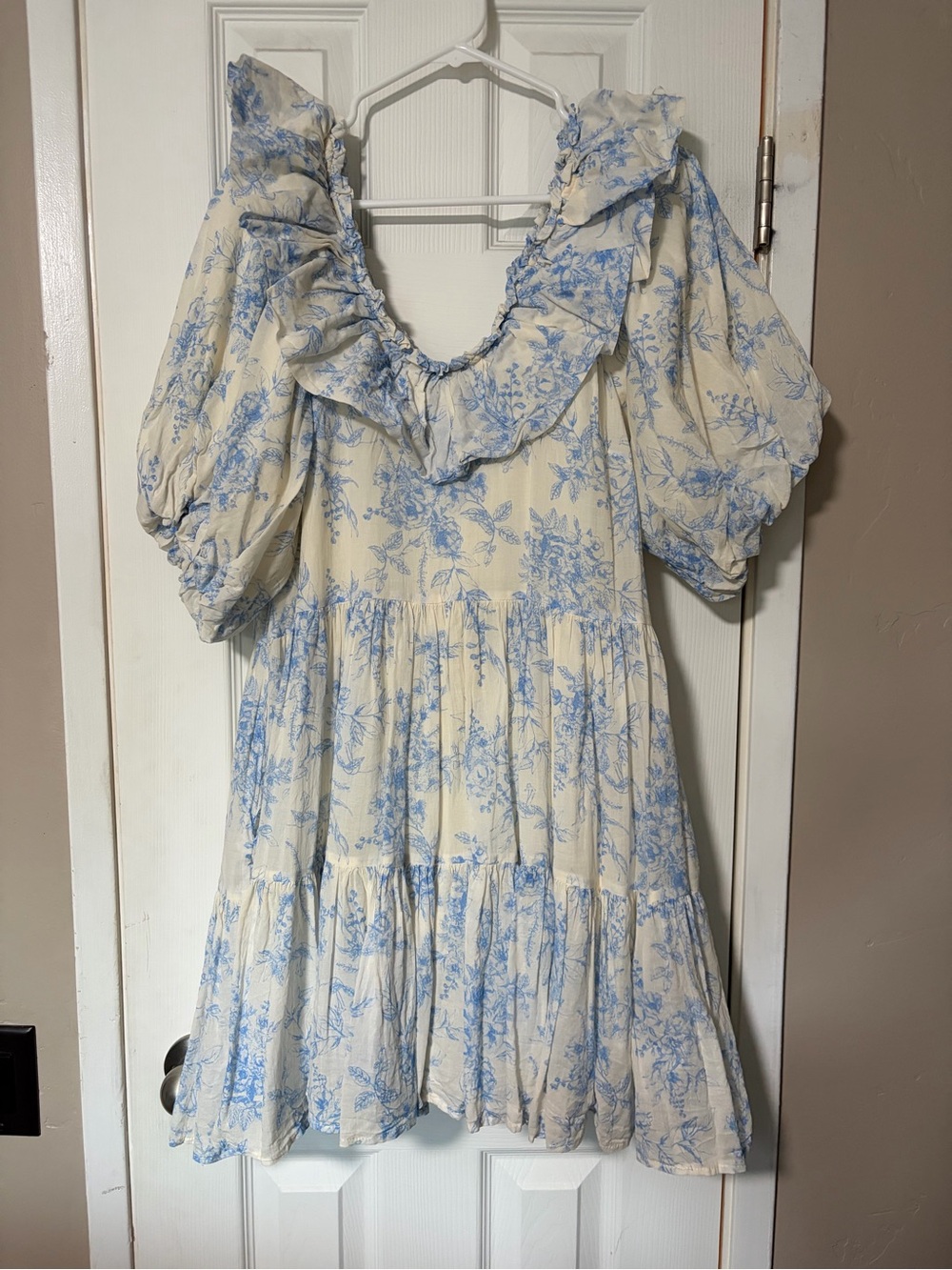Blue Floral Cream Mini Dress with Ruffled V-Neck
